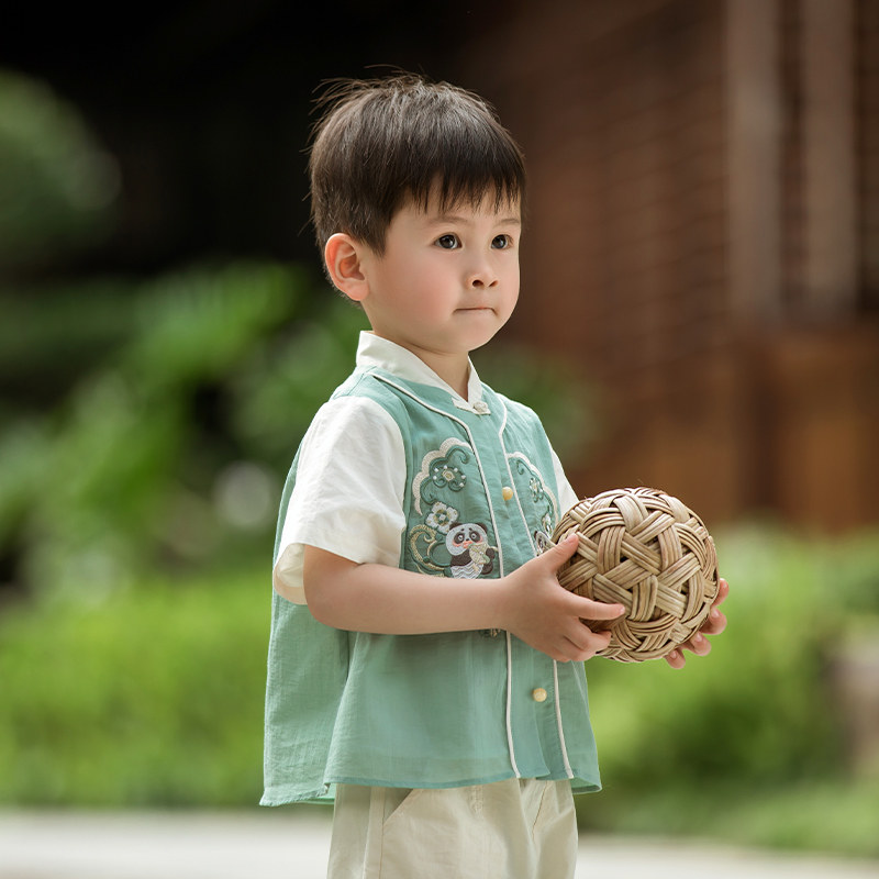 男童汉服套装夏季薄款短袖小男孩古装儿童唐装绿色古 …
