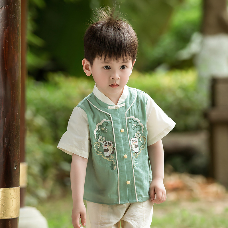 男童汉服套装夏季薄款短袖小男孩古装儿童唐装绿色古风中式衣服-图3