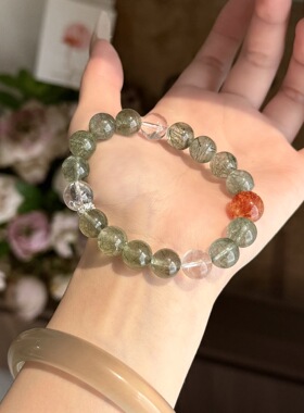 【财运亨通】天然白水晶红胶花手链女招财绿发晶水晶手串珠礼物
