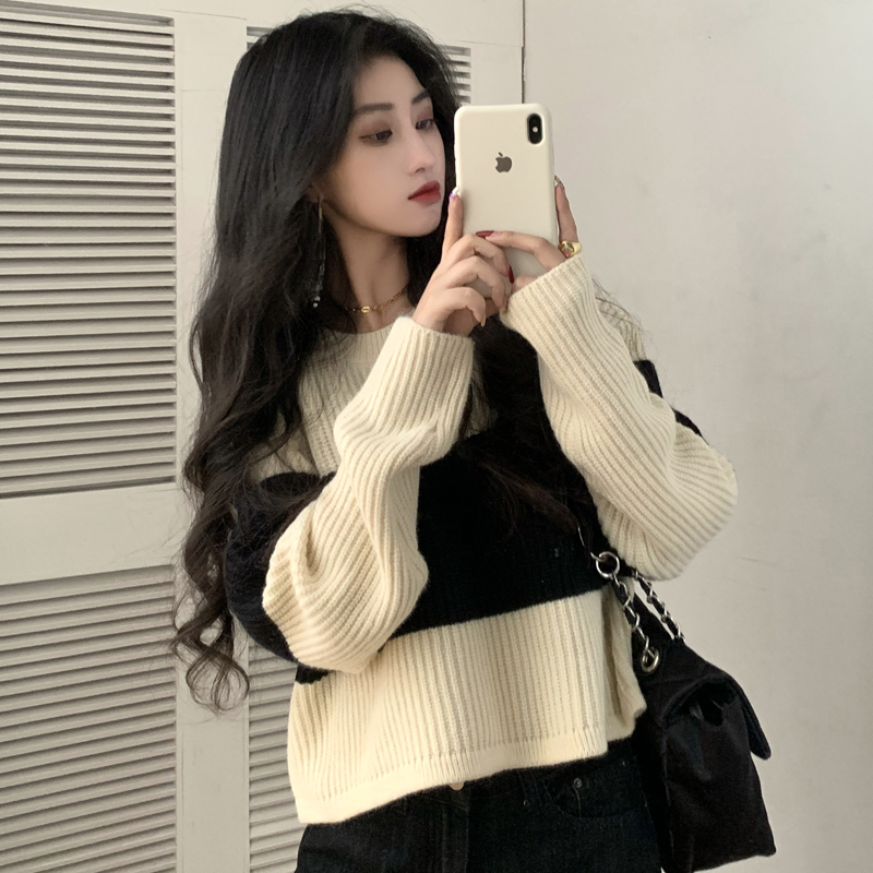条纹毛衣复古港风女外穿宽松韩版ins潮慵懒风短款针织衫森系外套