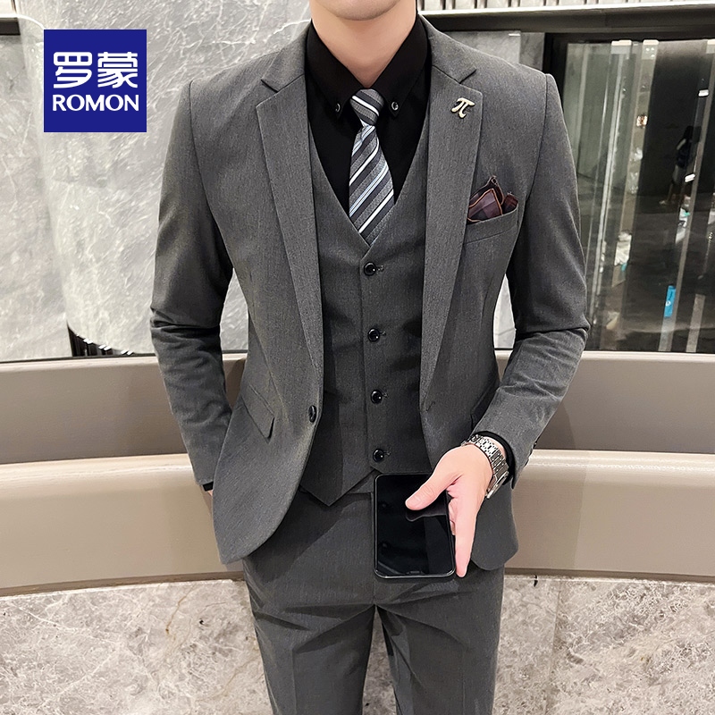 罗蒙男士西服三件套2024春季新款结婚礼服时尚商务职业西装套装男