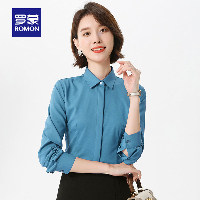 罗蒙女士长袖衬衫2024春季简约修身简约职业上衣商务休闲百搭衬衣_虎窝淘