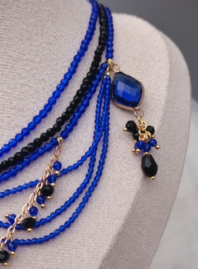 孤品/克莱因蓝多层帷幔流苏复古蓝黑色lo手作手工项链汉服璎珞