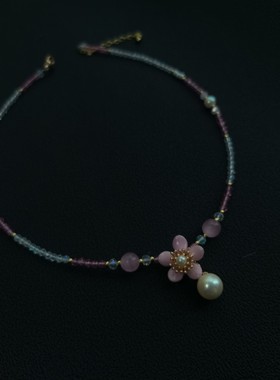 原创汉服配饰日常粉色小花幻彩珍珠项链软璎珞