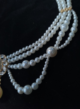 原创/珍珠项链多层珍珠项链复古蓝色百搭锁骨链女lo手作项链