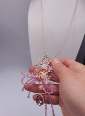 一梦星河原创设计粉黑玫瑰蝴蝶结手作lo项链典雅毛衣链复古长项链