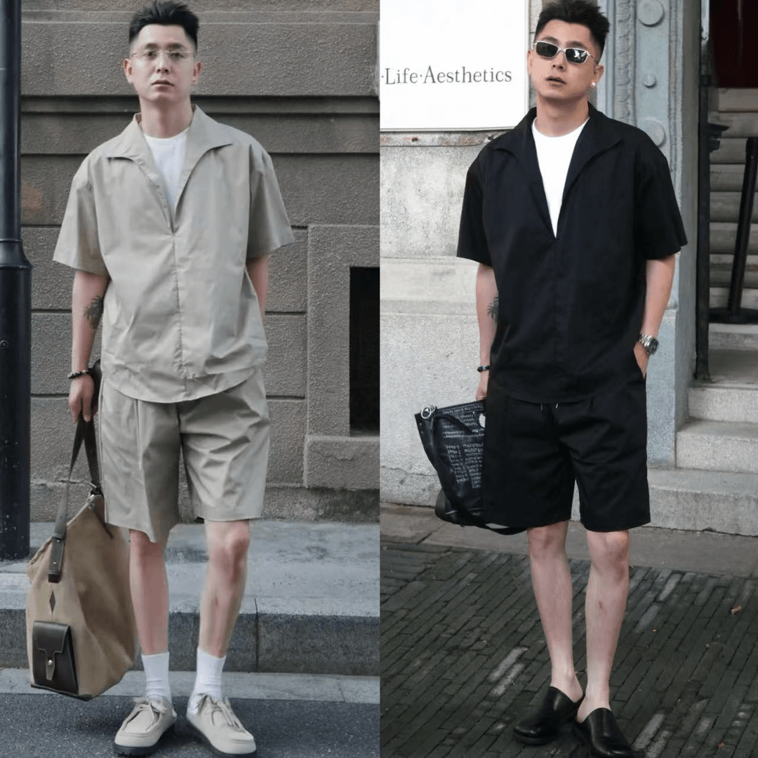 潮牌假两件高级感休闲运动套装男夏季时尚百搭衬衫短袖短裤两件套 - 图3