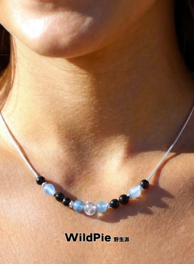 S925银海蓝宝黑曜石白水晶项链