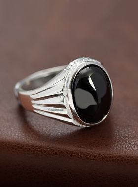 纯银男士戒指99足银天然黑玛瑙个性简约大气开口复古霸气宝高级感