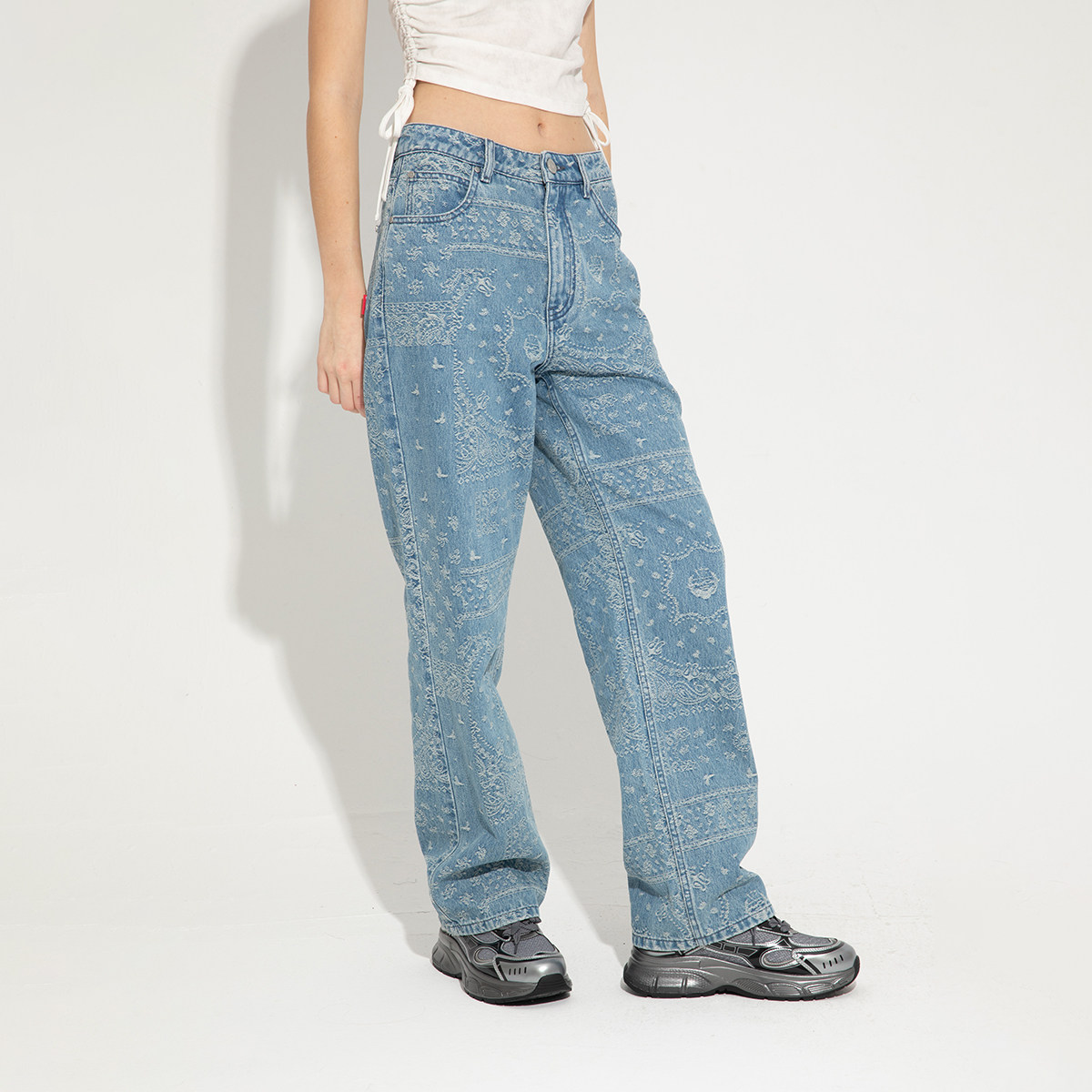 Fun2025春夏线下商场同款腰果花满印老花提织牛仔牛仔长裤直筒裤,淘宝优惠券,粉丝福利购,淘宝优惠卷