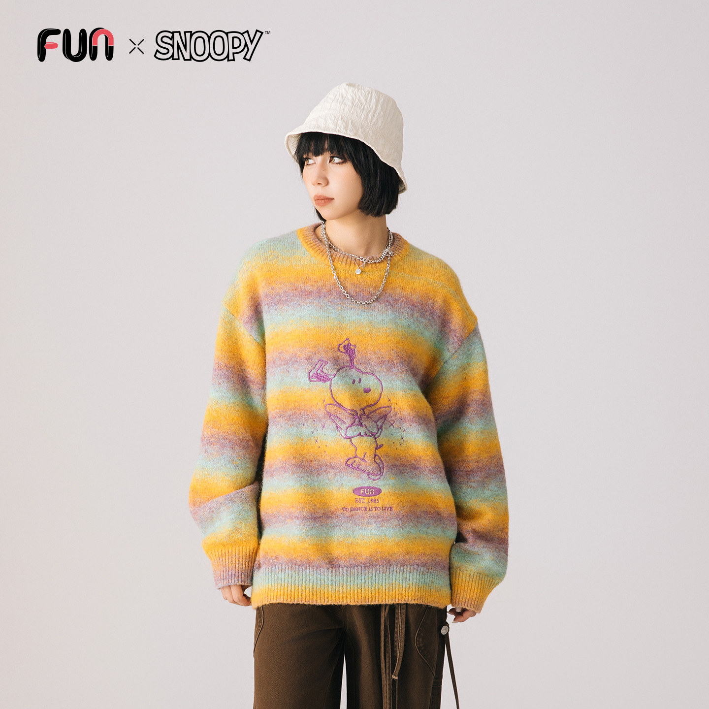 Fun2025秋冬季史努比联名绵羊毛渐变条纹宽松套头毛衣男女同款 - 图2