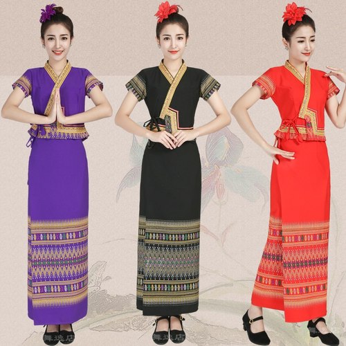 新款棉麻长袖西双版纳傣服装 傣族泼水节服饰 泰国裹裙筒裙女套装 - 图0