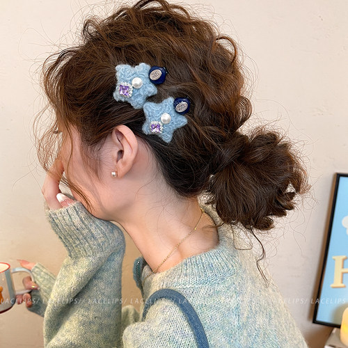 闪钻珍珠星星毛绒发夹女可爱边夹侧边刘海夹2025新款发卡前额头饰 - 图0