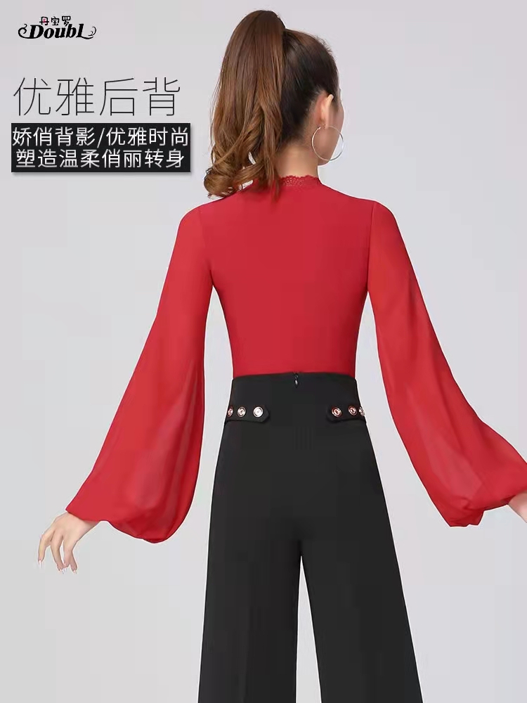 丹宝罗摩登舞上衣女V领灯笼袖连体国标衣服高级华尔兹舞蹈服舞衣-图3