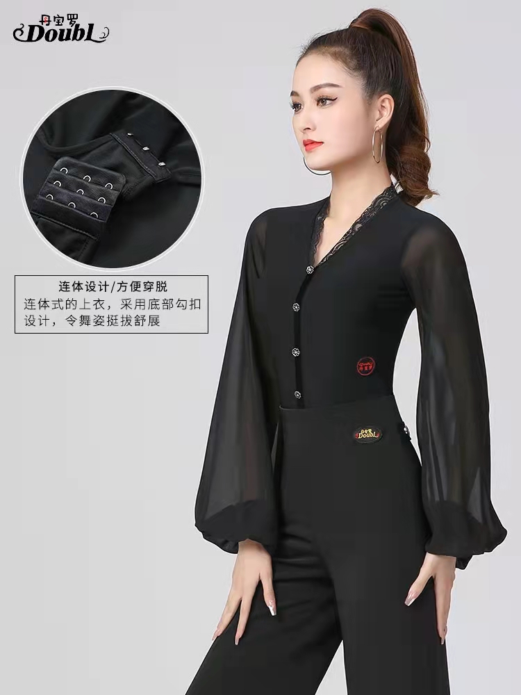 丹宝罗摩登舞上衣女V领灯笼袖连体国标衣服高级华尔兹舞蹈服舞衣-图0