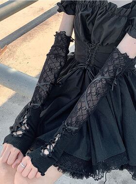黑色长款手套lolita蕾丝亚文化女绑带手袖套辣妹y2k洛丽塔芭蕾风