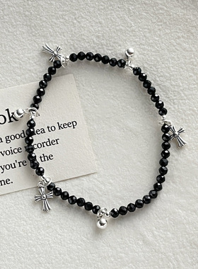 s925银十字架圆珠黑尖晶百搭手链