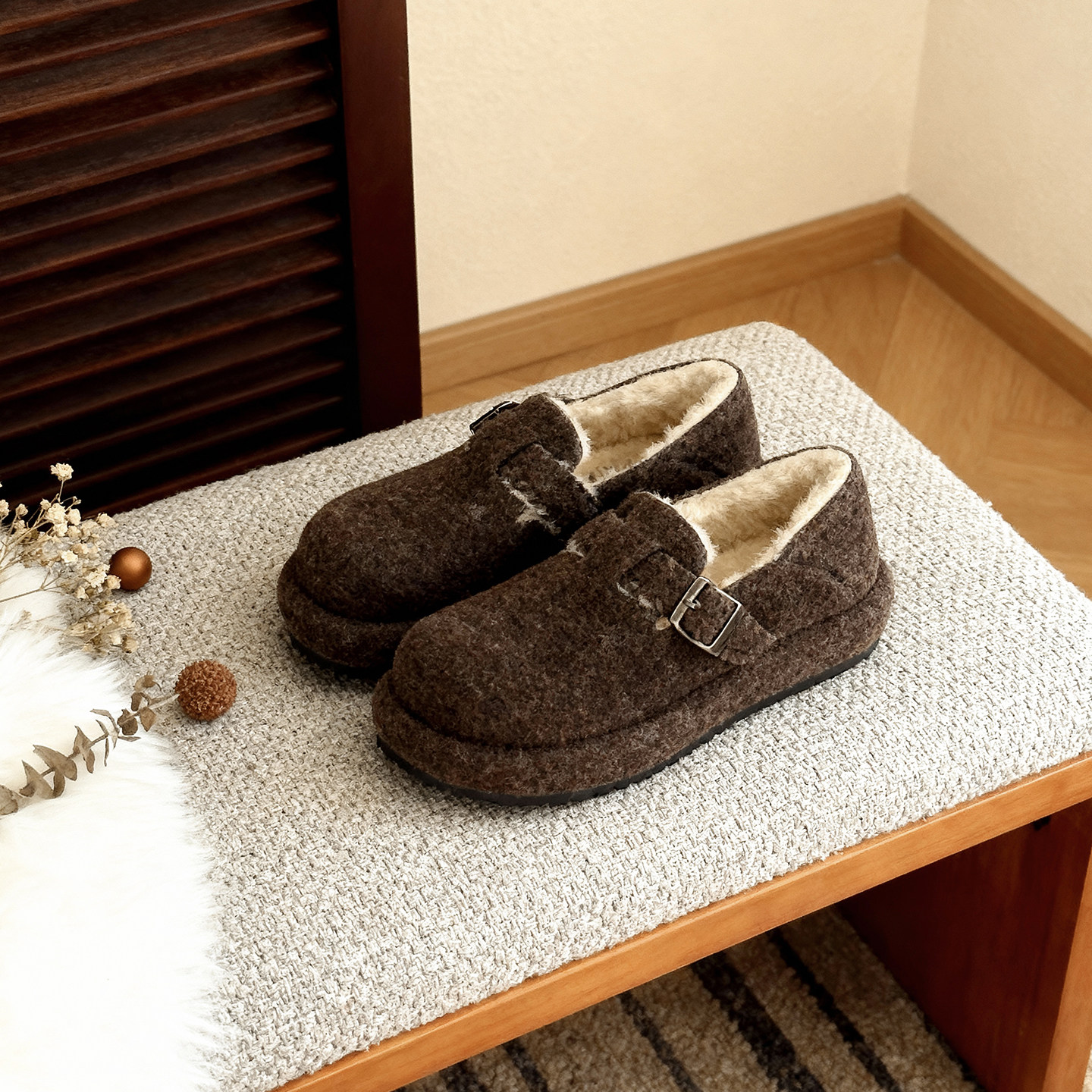 冉言毛呢小面包~厚底毛毛包头勃肯拖鞋女乐福鞋单鞋,淘宝优惠券,粉丝福利购,淘宝优惠卷