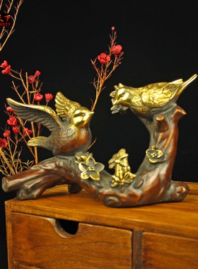 黄铜双喜临门喜鹊摆件喜上眉梢喜鹊登梅花家居工艺装饰新婚礼品