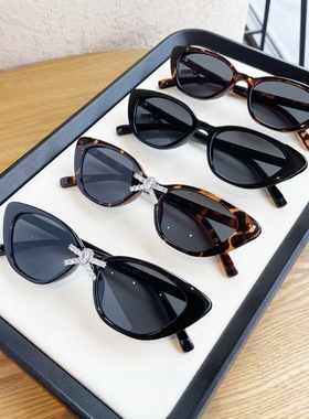 蝴蝶结镶钻猫眼墨镜近视配度数高级感欧美太阳眼镜潮防晒防紫外线