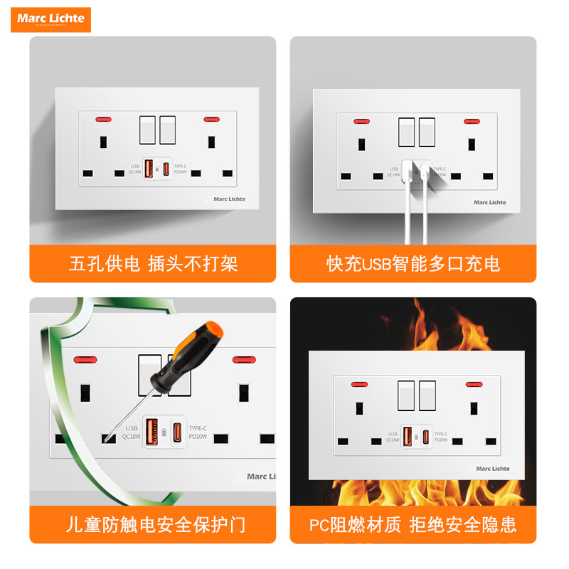 墙壁暗装二开13A英式六孔方插带usb20W快充充电插座146型灰色面板 - 图2