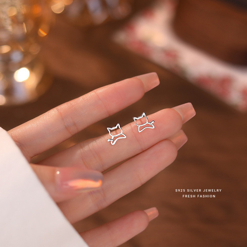 s925银可爱镂空小猫耳钉女纯银卡通小动物银饰小巧精致日常耳夹,淘宝优惠券,粉丝福利购,淘宝优惠卷