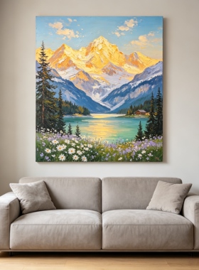原创大芬村手绘风景油画客厅装饰画日照金山挂画玄关中古风山水画