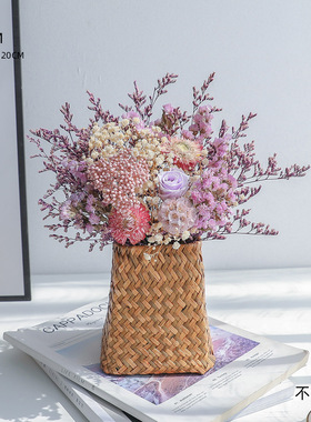 满天星真花干花花束田园花篮客厅家居真花文艺编织装饰摆件批发
