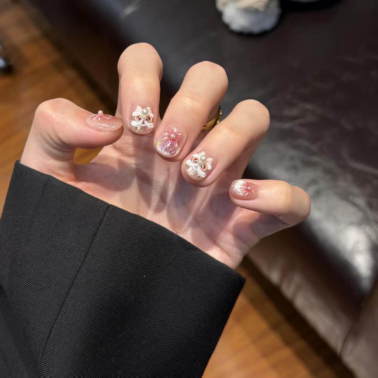 M413东方醒狮渐变烟花半手工穿戴甲高级气质猫眼美甲贴片可拆,淘宝优惠券,粉丝福利购,淘宝优惠卷