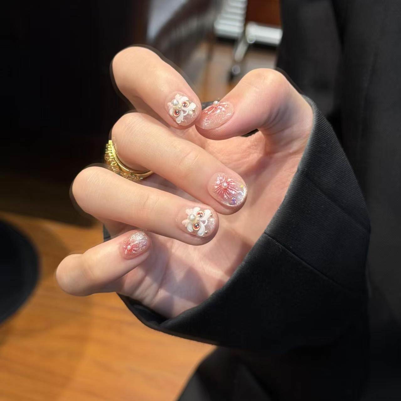 M413东方醒狮渐变烟花半手工穿戴甲高级气质猫眼美甲贴片可拆,淘宝优惠券,粉丝福利购,淘宝优惠卷