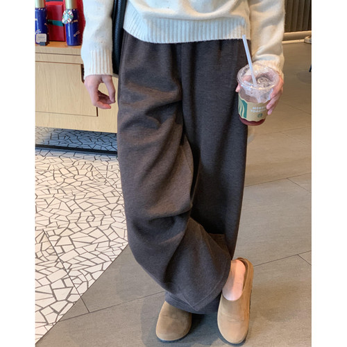 毛呢休闲直筒裤女大码秋冬加绒加厚胖妹妹宽松显瘦磨毛运动阔腿裤 - 图0