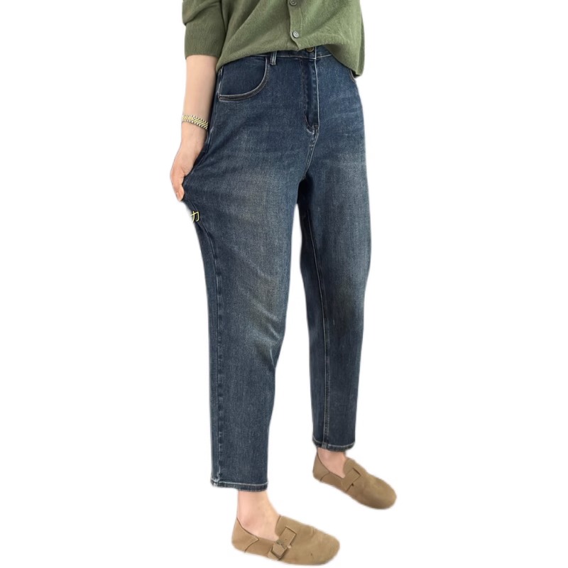 大码弹力哈伦牛仔裤女秋季2023新款胖mm高腰显瘦小个子直筒九分裤 - 图3