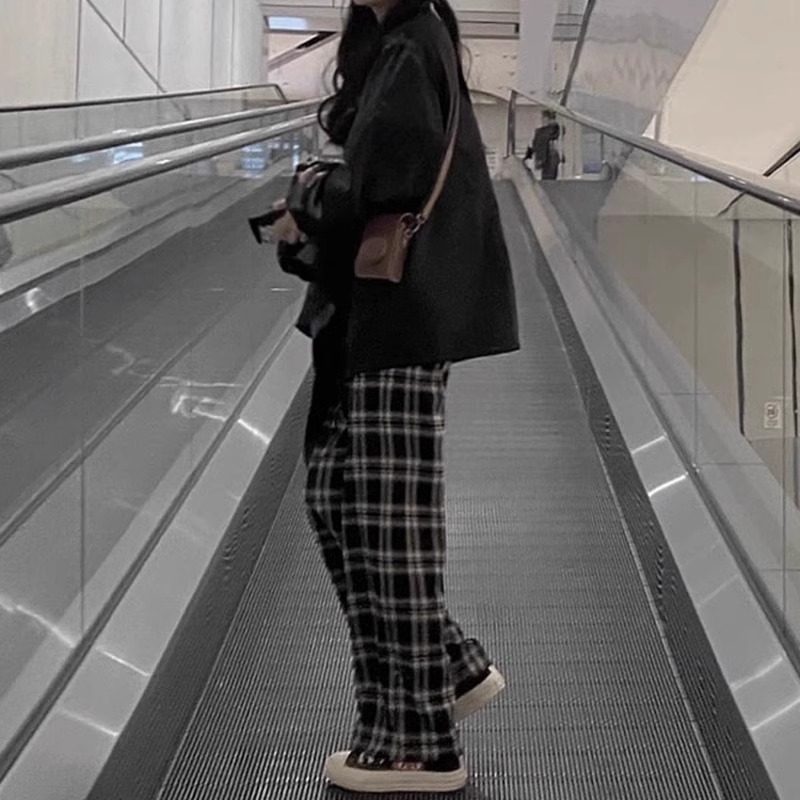 黑白格子直筒裤女大码秋冬加绒加厚胖mm高腰显瘦中长款休闲阔腿裤,淘宝优惠券,粉丝福利购,淘宝优惠卷