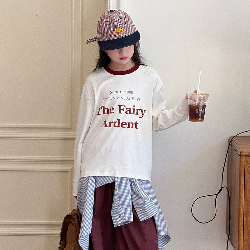 女童长袖T恤2025秋装新款文艺复古字母T棉感柔弹伸展自由可盐可甜,淘宝优惠券,粉丝福利购,淘宝优惠卷
