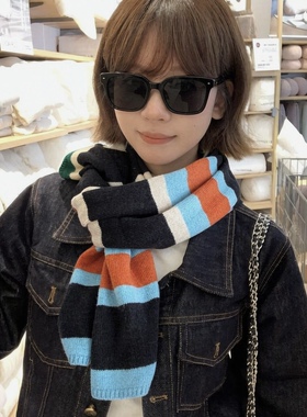 100%澳洲全羊毛围巾女款2026新款彩虹色条纹针织毛线秋冬保暖围脖