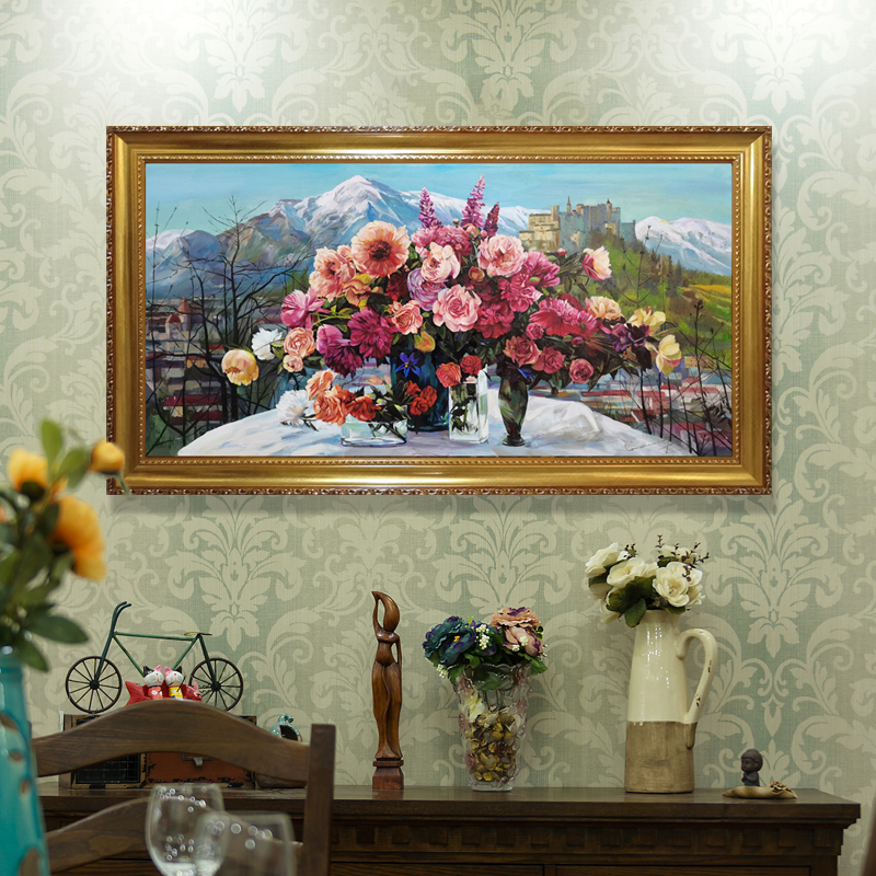 俄罗斯圣彼得堡玫瑰花卉原创餐厅横幅手绘油画高端欧式美式挂画 - 图1