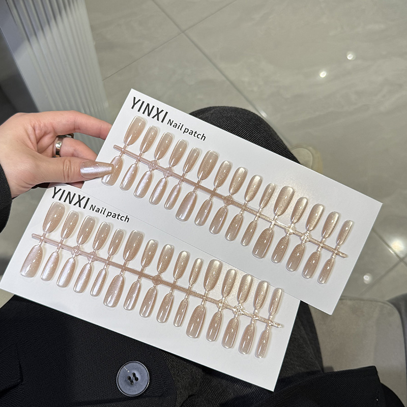 粉樱梦幻高亮爆闪猫眼穿戴甲网红同款ins风显白预制甲片中长椭圆 - 图2