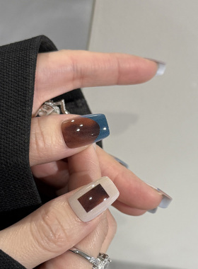 棕蓝琥珀假指甲成品撞色拼接高级感气质法式秋冬穿戴甲可拆卸美甲