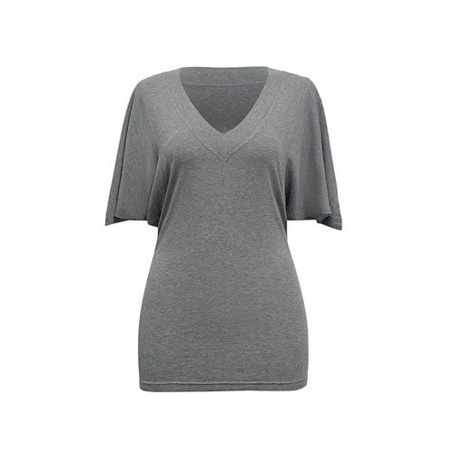 樊樊 早安V领收腰蝙蝠袖T恤上松下紧版型显瘦慵懒风短袖上衣女夏 - 图3