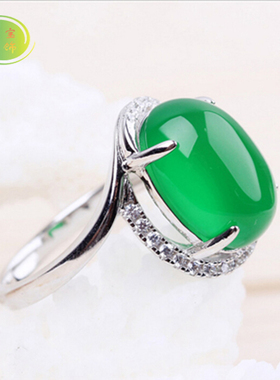 纯银镶钻天然玉髓宝石可调节戒指