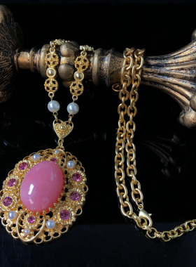 中古风复古宫廷风高级感复古镀真金925银针项链耳钉树脂仿宝石