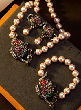 优雅法式时尚小众复古玻璃珍珠打结气短款项链女茶壶银针耳钉