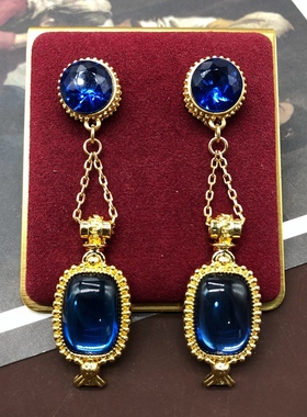 中古复刻vintage蓝色琉璃吊坠项链复古流苏耳环小众设计耳环