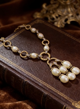 中古风复古宫廷风高级感复古镀真金项链耳钉耳饰仿珍珠复古金色