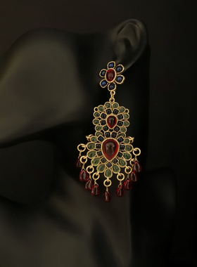 vintage复古宫廷气质红绿水滴琉璃宝石925银针耳环耳夹项链镀真金