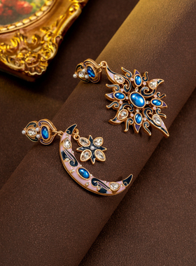 中古风复古宫廷风高级感复古镀真金项链毛衣链耳钉耳环耳饰不对称