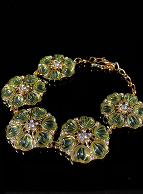 中古风复古宫廷风高级感复古镀真金925银针项链耳钉花朵仿琉璃