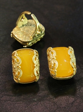 中古风vintage高级感气质小众设计复古耳环925银针耳钉仿蜜蜡