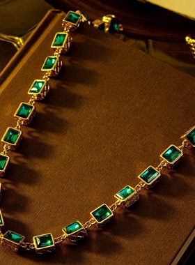 中古风高级感复古镀真金耳钉耳环925银针仿祖母绿宝石玻璃项链