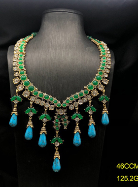 中古风复古宫廷风高级感复古镀真金项链毛衣链流苏耳钉耳环仿松石